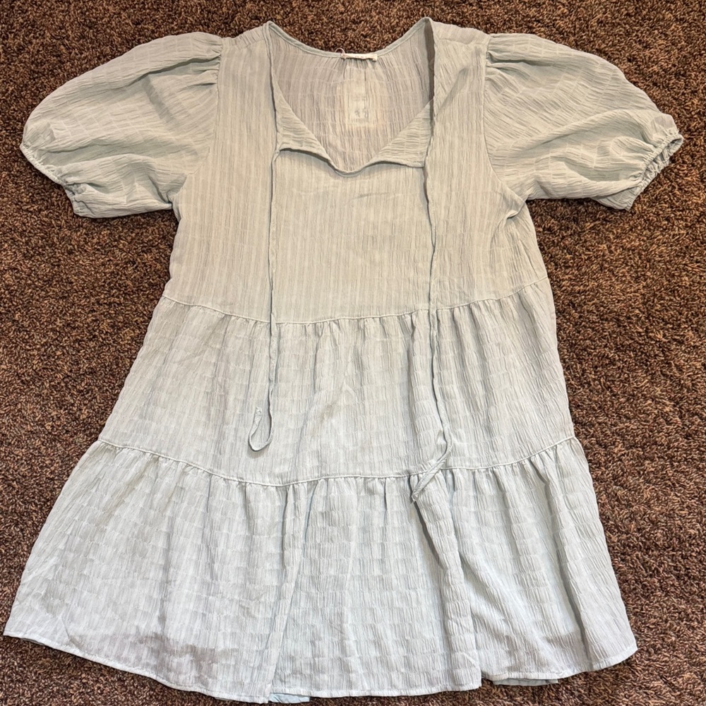 Kori Light Sage Tiered Babydoll Dress with Tie Neck Jr. Small S